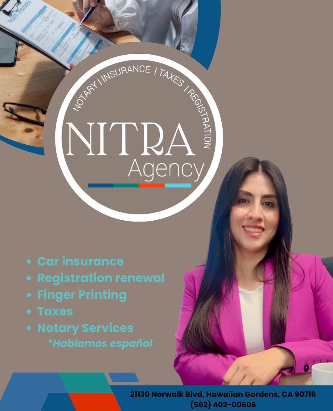 NITRA Agency team member offering car insurance, registration renewal, fingerprinting, taxes and notary services - Hablamos Español