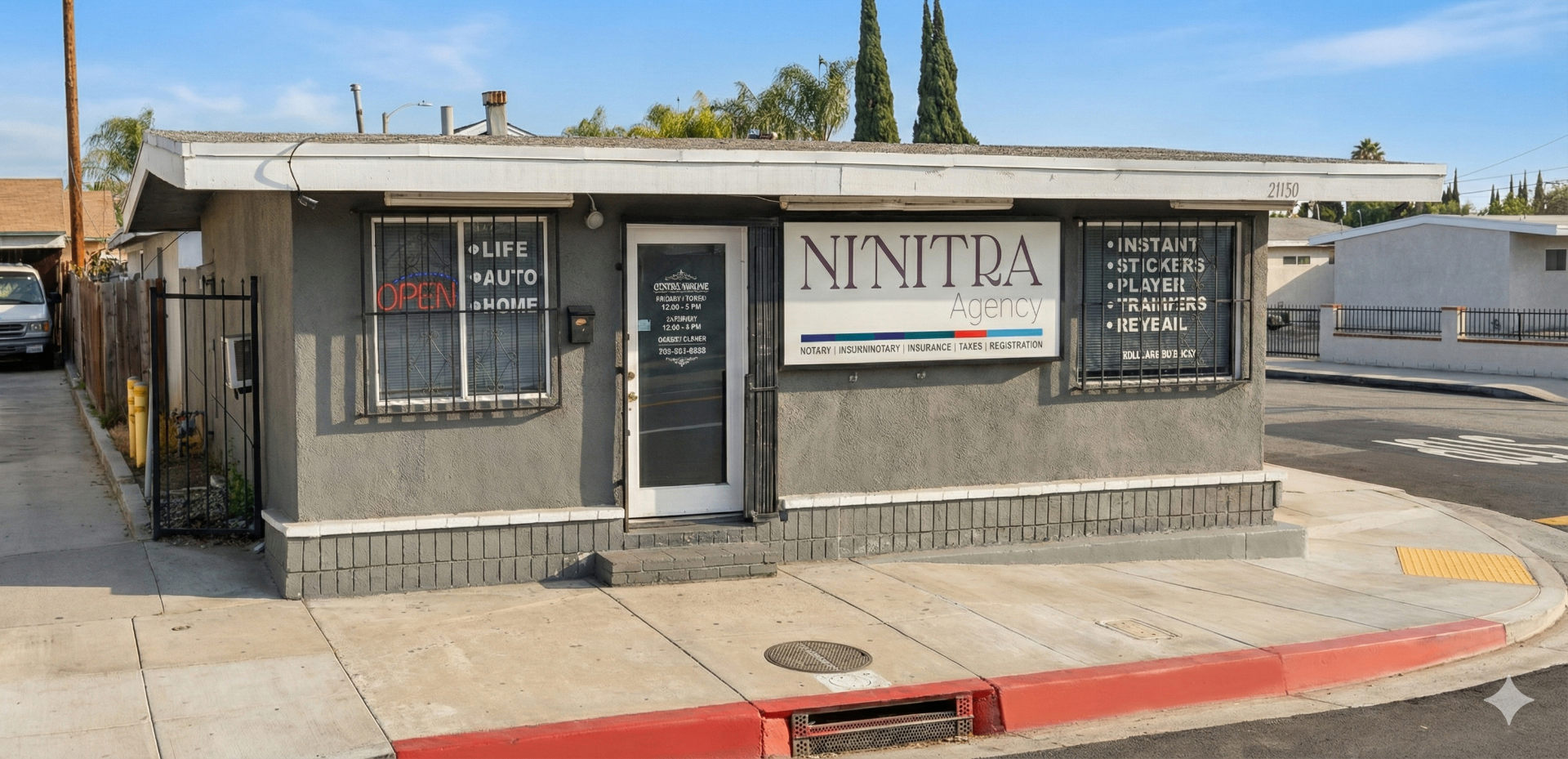 NITRA Agency storefront exterior at 21130 Norwalk Blvd, Hawaiian Gardens CA - DMV services, insurance, notary